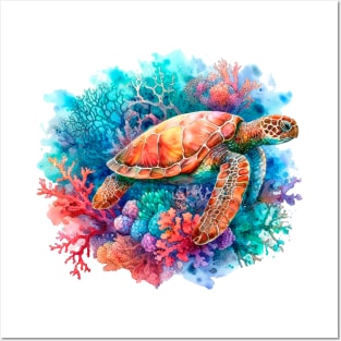 Watercolor Coral Turtle Posters and Art